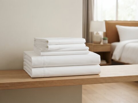 Stack of neatly folded white bed sheets on a wooden shelf.