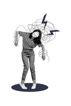 Sketch image trend artwork montage 3D photo collage of anonymous young lady faceless walk mess line overworked depressed bolt stress