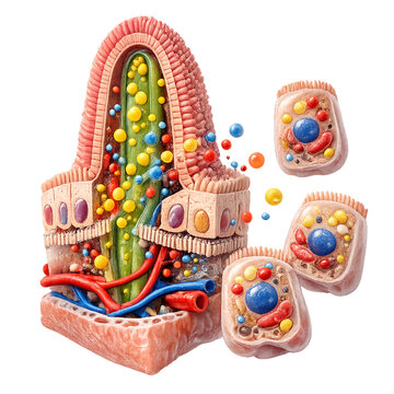 Detailed 3D Anatomy of an Intestinal Villus and Enterocytes Showing Nutrient Absorption and Capillary Network