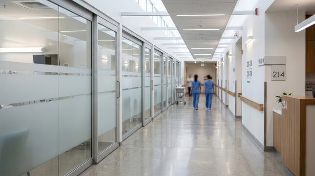 A modern medical clinic hallway features glass-partitioned patient rooms on the left and two nurses walking away down the polished floor toward a bright background