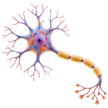 3D Render of a Nerve Cell Anatomy with Soma Dendrites Axon Myelin Sheath and Internal Organelles Isolated on White