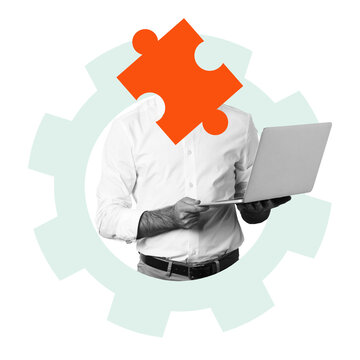 A person stands holding a laptop with a puzzle piece in place of their head. The background features a simple gear outline. This scene represents problem-solving and technology.