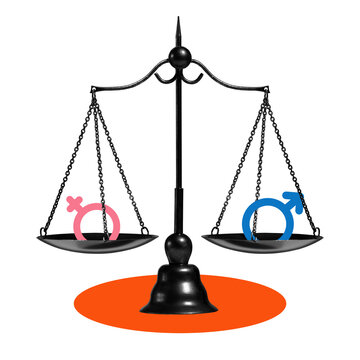 A scale sits in the center of the image. One side shows a pink female symbol and the other side shows a blue male symbol. The scale represents the concept of gender equality.