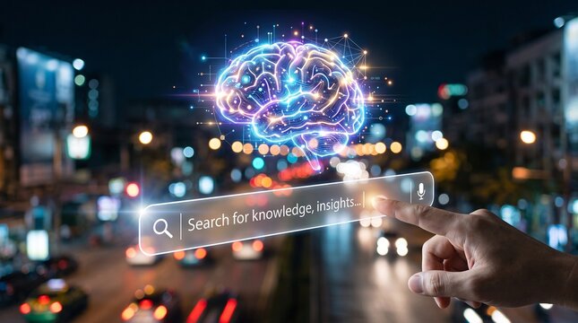 Finger Touching Digital Search Bar with Glowing Holographic Brain Representing AI Knowledge Discovery