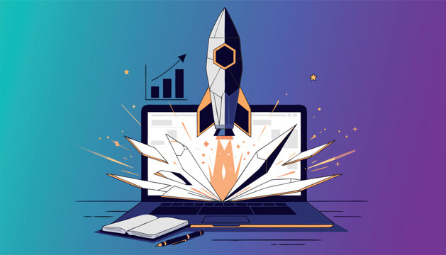 Startup Rocket Launching From An Open Laptop Screen For Business Success Vector