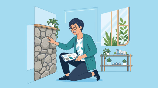 Woman Inspecting Stone Wall Surface with Tablet, Interior Design
