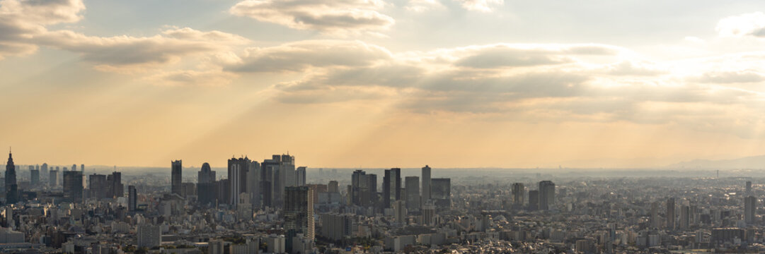 Shinjuku skyscraper skyline bathed in crepuscular sunbeams during evening dusk