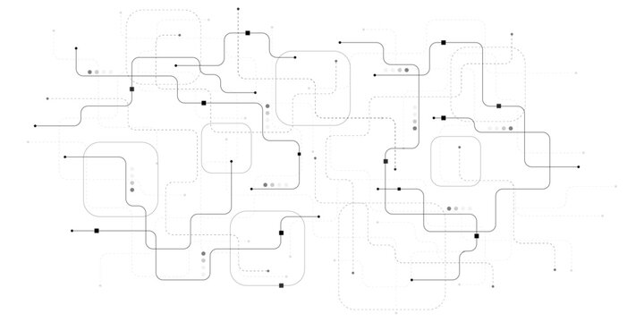 Minimalist digital circuit board pattern, abstract technology line art vector, futuristic data flow network illustration on white background