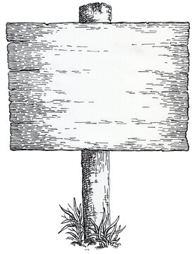 Old wooden sign stuck in ground. Hand-drawn ink illustration of a wooden sign nailed to a post.