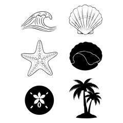 Fototapeta premium Ocean beach vector icons featuring wave starfish seashell sand dollar and palm tree