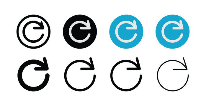 Circular Arrow Icons: A collection of eight circular arrow icons, presented in black, white, and blue variations, representing refresh, reload, and reset functions.