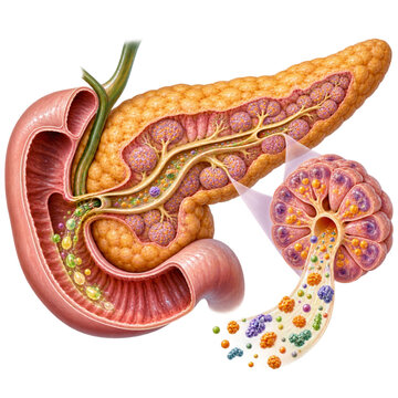 Detailed Medical Illustration of Human Pancreas Anatomy Showing Exocrine Enzyme Secretion and Duodenum Connection
