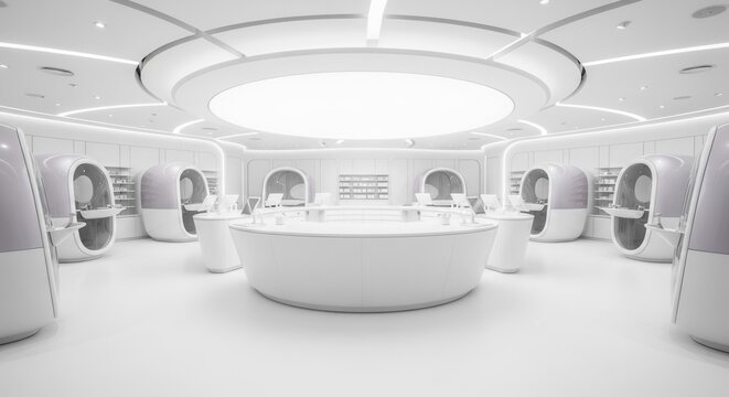 Futuristic White Store Interior with Pods and Digital Displays