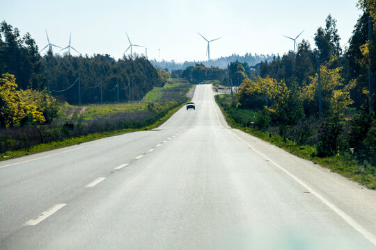 Long Rural Road with Wind Turbines in Biob&iacute;o Chile