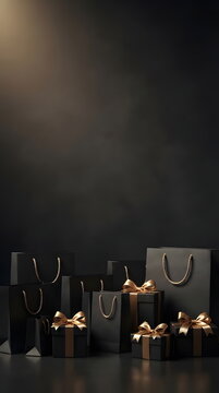 Luxury gift bags and elegant gift boxes with golden ribbons arranged on a black background, premium gift wrapping concept, sophisticated festive composition, dramatic lighting, elegant shopping and ce
