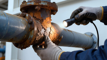 Plakat Gloved maintenance worker illuminates severe corrosion on an aging industrial pipe joint for infrastructure inspection, equipment safety, repair planning and preventive maintenance