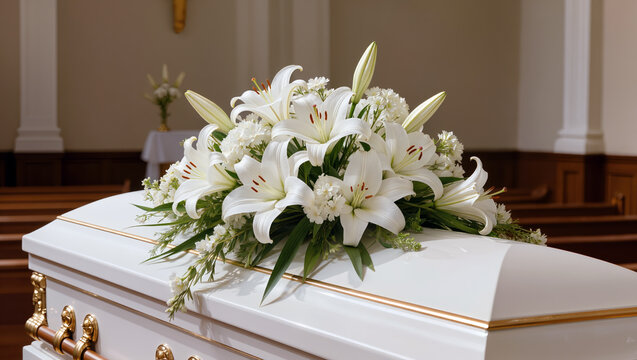 White lily and daisy arrangement displayed on an elegant casket in a solemn interior for funeral flowers, memorial remembrance, sympathy, bereavement and ceremonial tribute