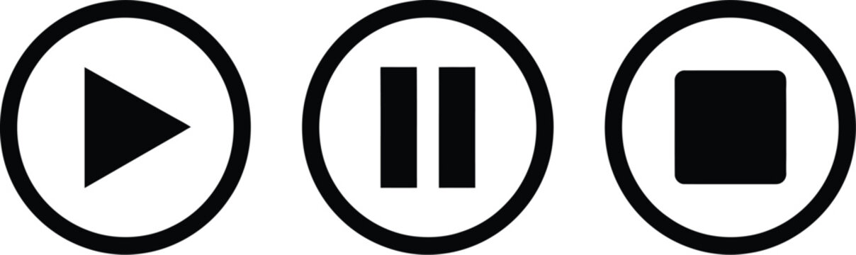 Play pause stop buttons icon set featuring media control symbols for audio, video, playback, streaming, and digital interfaces.