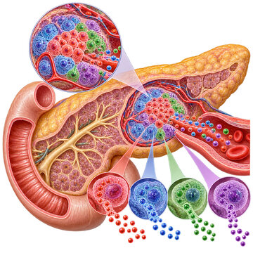 Detailed Medical Illustration of Pancreas Anatomy Showing Islets of Langerhans Cell Types and Hormone Secretion
