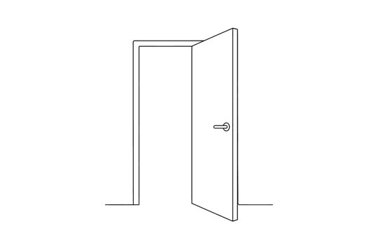 Black line vector drawing of a single open door standing on white background