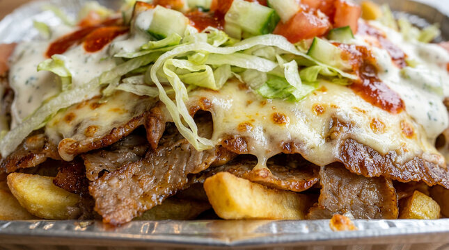 Delicious doner kebab plate loaded with golden fries, melted cheese, fresh lettuce, tomatoes, and creamy sauce, a perfect fast food meal