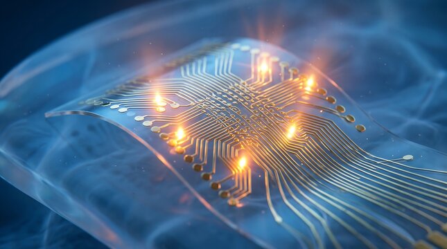 Flexible electronic microchip circuit with glowing gold electrical connections on thin substrate flexible electronics circuit board modern hardware integrated circuit electrical engineering