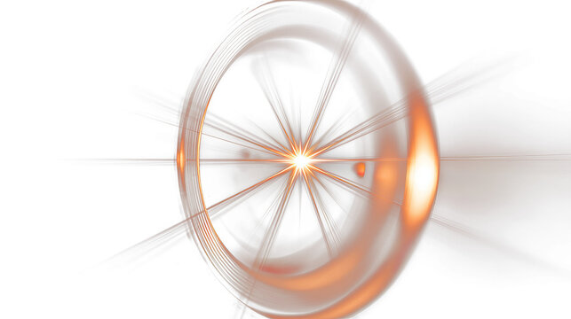 Abstract golden circular light flare with radiating beams and glowing digital energy rings isolated clearly on transparent background