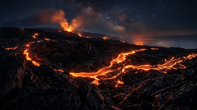 Breathtaking night landscape of active volcano eruption with glowing molten lava rivers flowing over dark volcanic rock beneath starry Milky Way.