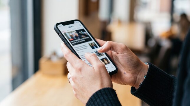 Person reading latest news on smartphone mobile app, browsing digital media content online in modern cafe setting, staying updated with current events and technology