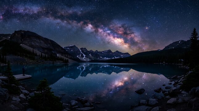 Breathtaking starry night landscape featuring vibrant milky way galaxy glowing above majestic dark mountains reflecting calmly in serene turquoise.