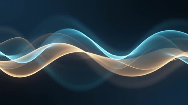 Blue and gold abstract light waves moving in fluid motion across dark background representing digital energy flow video footage animation