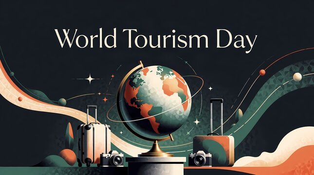 World Tourism Day Illustration with Globe, Luggage and Journey Paths