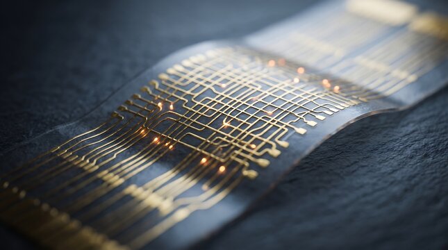 Flexible electronic circuit board with illuminated pathways on dark substrate flexible electronics printed electronics electronic components technology hardware engineering microchip substrate