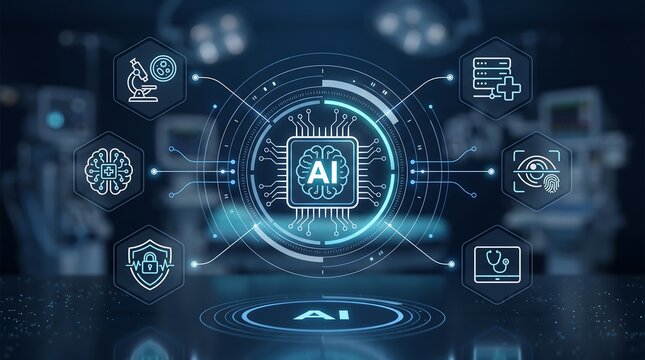 Artificial intelligence integration in medical healthcare systems with digital icons showing diagnostics and secure data protection on a dark blue background in a modern hospital setting