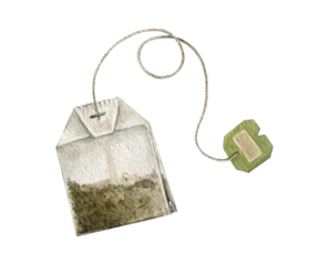 Herbal tea bag with dried botanical leaves isolated on background. Hand painted watercolor illustration for tea packaging, labels, natural wellness branding, apothecary and organic product design. © anitapol