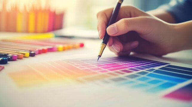 Designer Selecting Colors from Palette Chart with Pencil