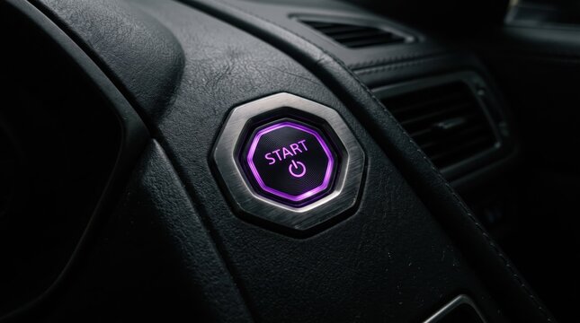 Close up of illuminated purple start engine button on car dashboard, modern vehicle interior detail, automotive technology, ignition switch, luxury car concept, dark background