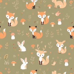 Naklejka premium A charming pattern featuring cute foxes, rabbits, and deer amidst whimsical mushrooms and foliage, perfect for nature-themed designs and children's products.