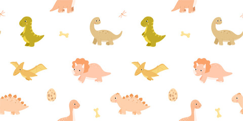 Cute baby dinosaurs vector seamless pattern. Repeating nursery background for textiles and paper. Backdrop with triceratops for kids © Elena