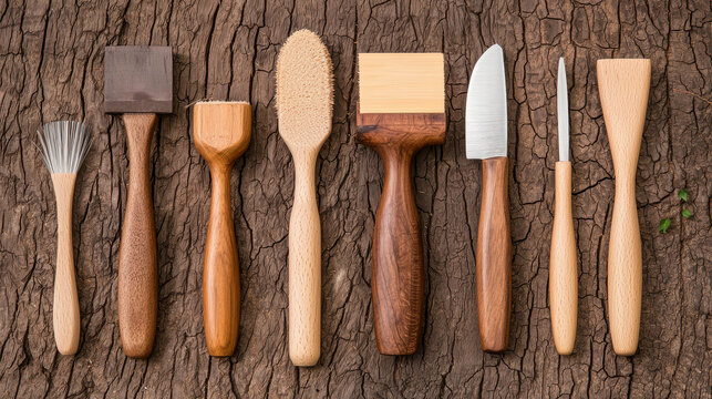 Collection of woodwork tools arranged on textured wooden surface, showcasing craftsmanship and design