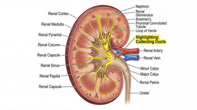 Cross-section of human kidney, nephrons visible, medulla and cortex layers, collecting ducts highlighted, scientific medical illustration, isolated on white