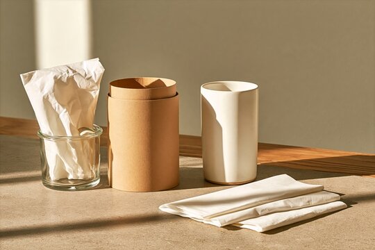 Unmarked Ceramic Candle Vessel with Cardboard Insert and Tissue on Sunlit Table