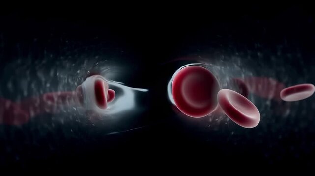 Red blood cells flowing through capillary in slow motion, biconcave discs deforming to fit narrow passage, plasma moving around them, hyper-realistic 3D cinematic render, dark background