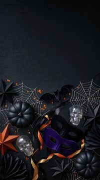 Elegant Halloween Party Flat Lay with Matte Black Pumpkins, Velvet Masks, and Glass Skulls on Dark Background with Vertical Copy Space for Advertising