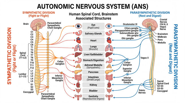 Autonomic nervous system diagram, sympathetic and parasympathetic divisions, ganglia chain, organ connections, color coded, medical infographic style