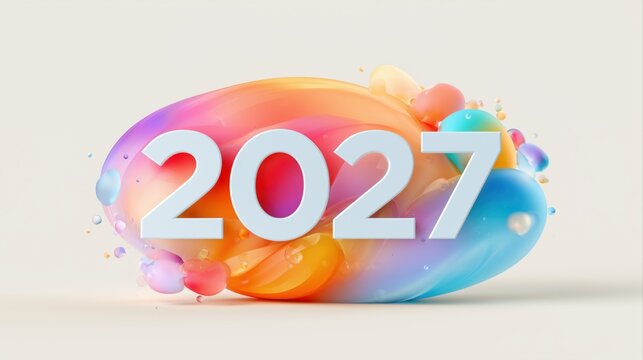 Colorful glossy 2027 numbers surrounded by soft abstract shapes, playful typography, vibrant design, cheerful greeting, New Year celebration.