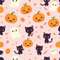 Fototapeta premium A whimsical illustration featuring playful black cats, smiling pumpkins, and cheerful ghosts set against a pastel pink background, perfect for capturing the spirit of Halloween.
