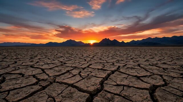 Golden sunset over cracked dry desert ground and mountains
