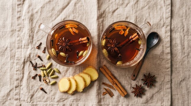 Two cups of hot spiced tea with cinnamon, star anise, ginger, and cardamom on linen cloth, top view, cozy autumn winter beverage concept, warm tones, healthy lifestyle