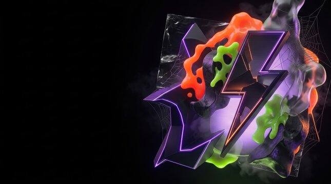 Retro 1990s Halloween Abstract Banner with Neon Slime, Lightning Bolt, and Purple CRT Glow on Black Background with Copyspace